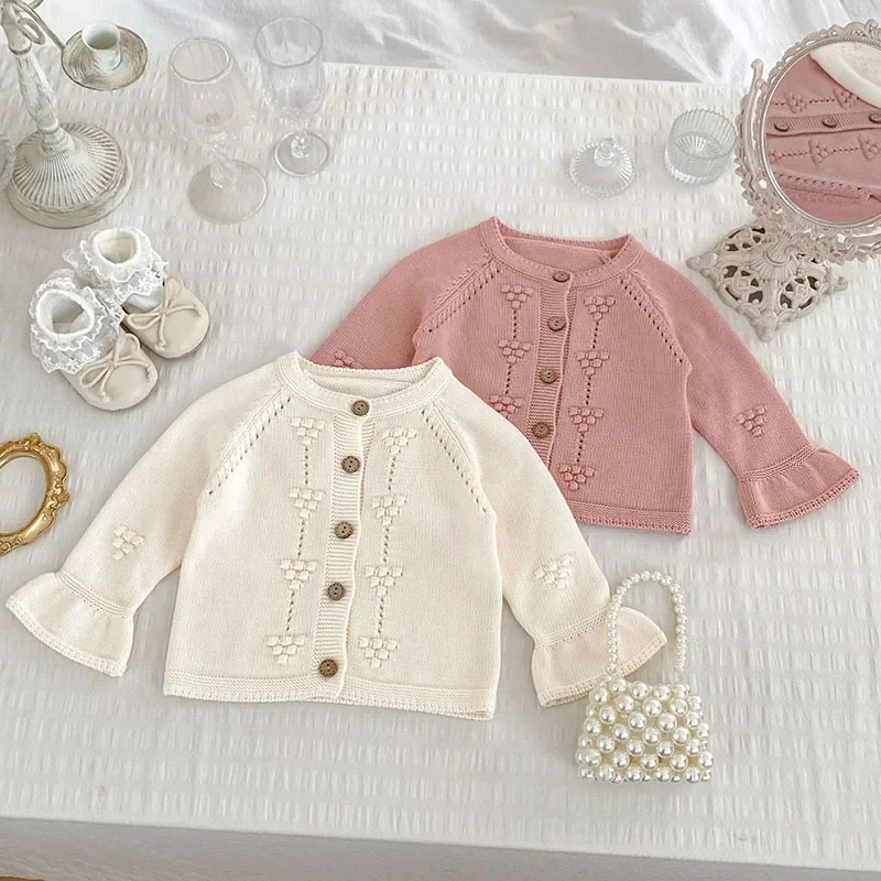 2024 New Autumn Infant Baby Girls Knitting Cardigan Long Sleeved Solid Color Knitted Cardigan Newborn Baby Girls Sweater Coat