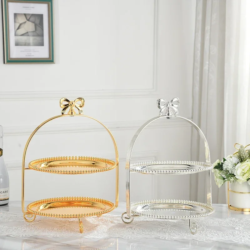 

Tiered Bow Design Cake Stand 1 2 3 Layer Fruit Dessert Platter Pearl Accent Serving Tray Buffet Display Pastry Holder Adjustable