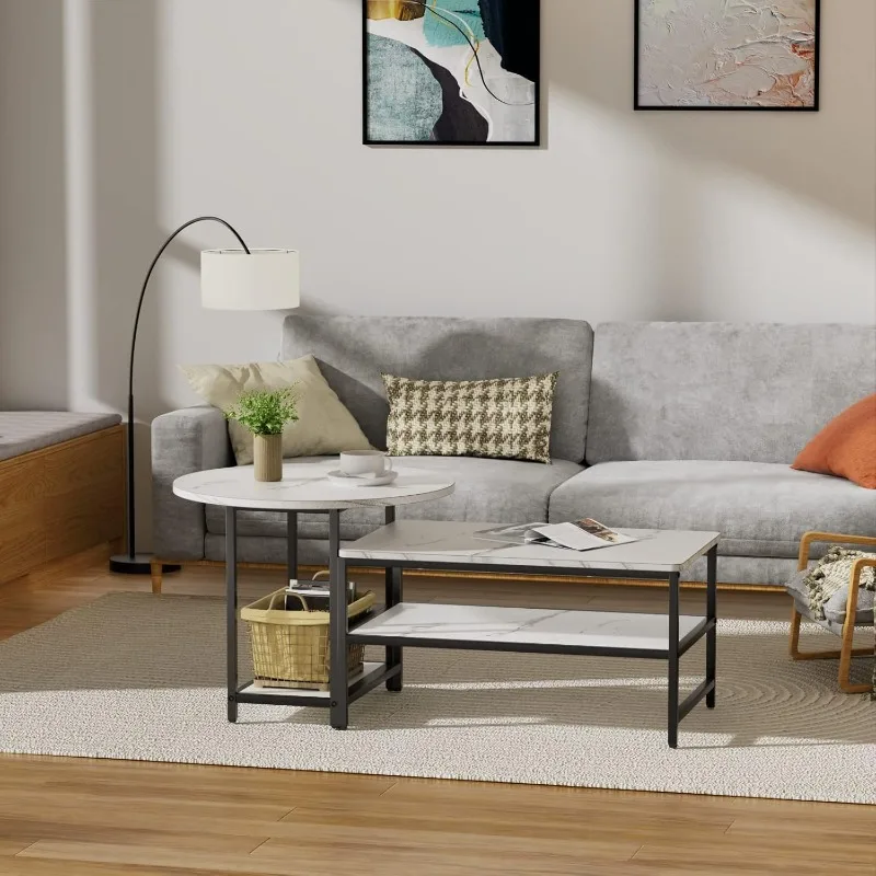 Coffee table, white modern living room coffee table, detachable 2 small coffee tables, artificial white marble