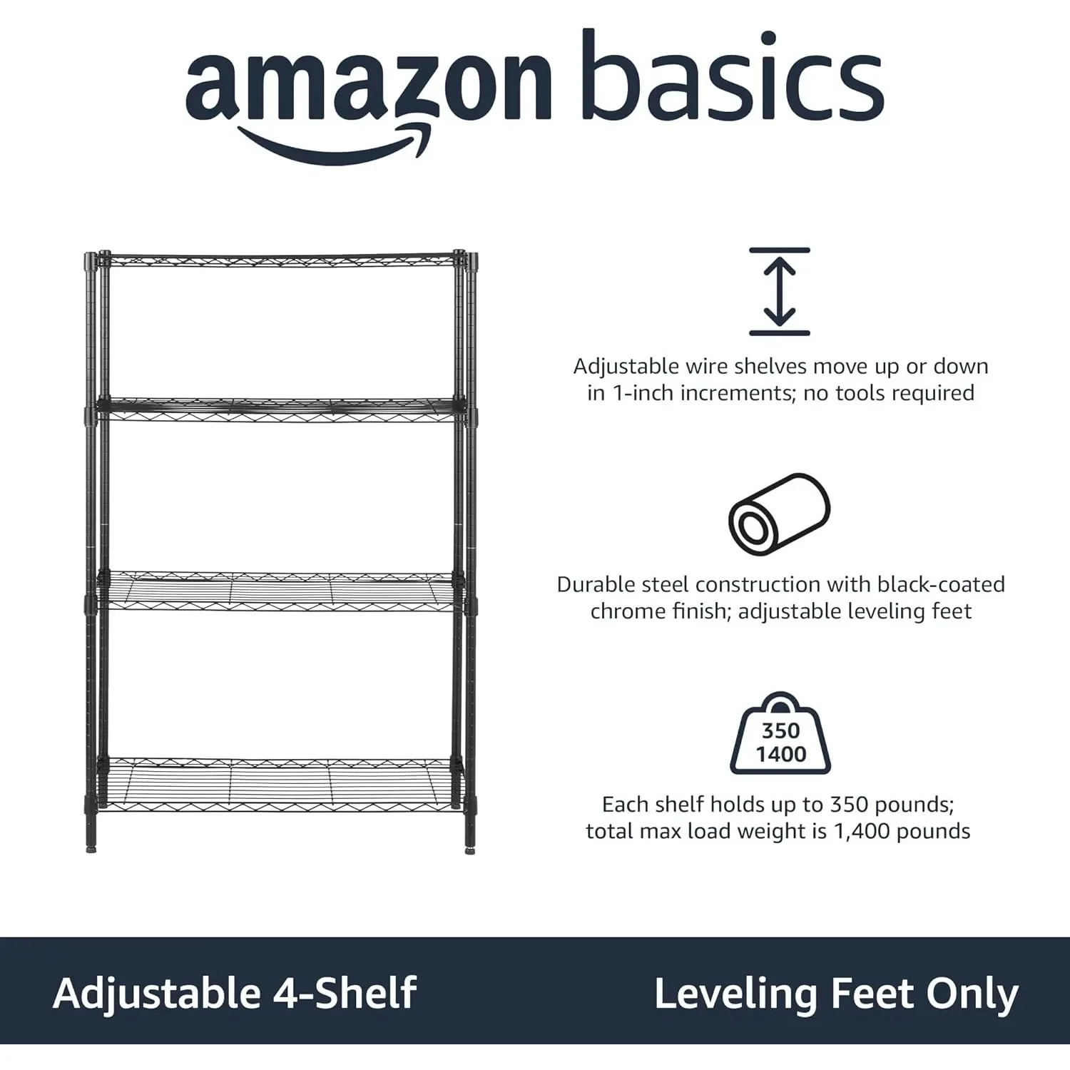 4-Shelf Adjustable, Heavy Duty Storage Shelving Unit, Steel Organizer Wire Rack, 36" L x 14" W x 54" H