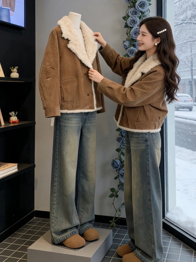 

Korean Sle ort Fur Leather Jaet Women's Winter Thi Warm Collar Stand up Top Premium Feel Commute Faion Loose Fit