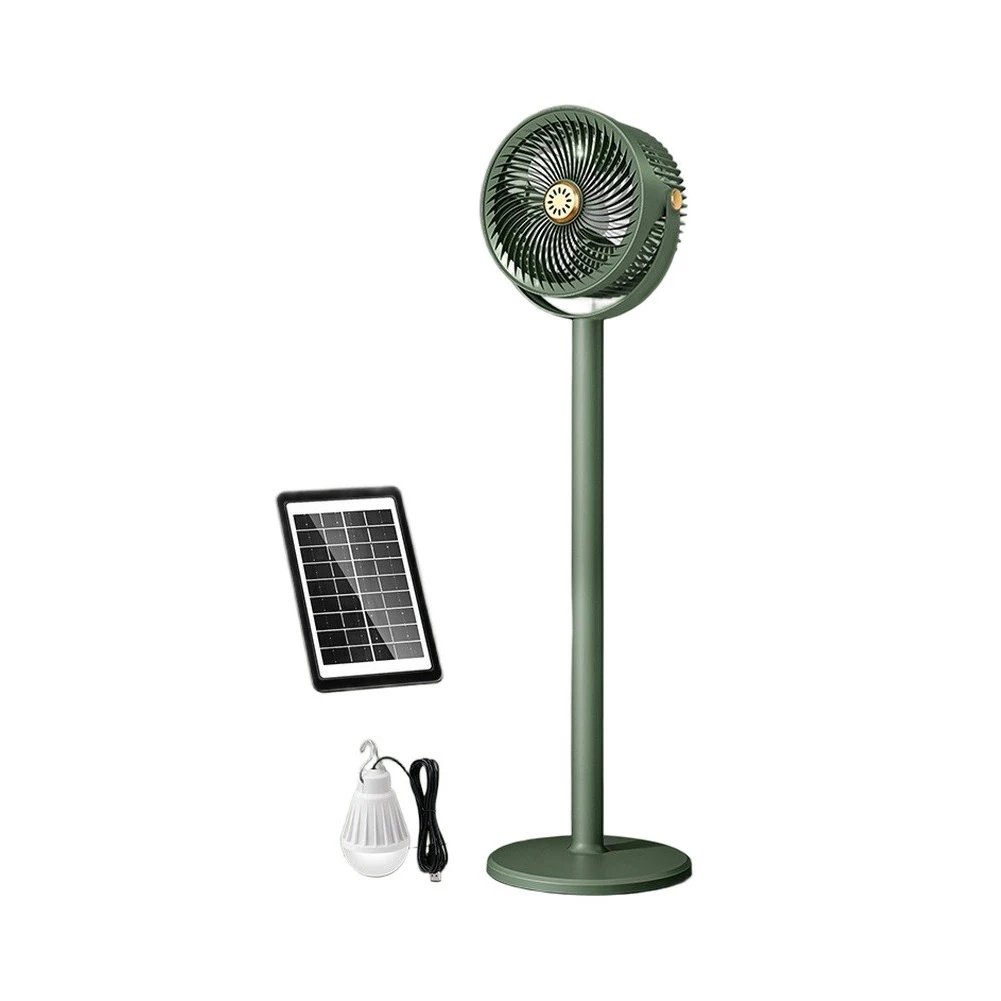 Adjustable Height Solar Floor Fan with Detachable LED Light and Dual Power Option USB or Solar Panel for Patio Tent Bedroom Use