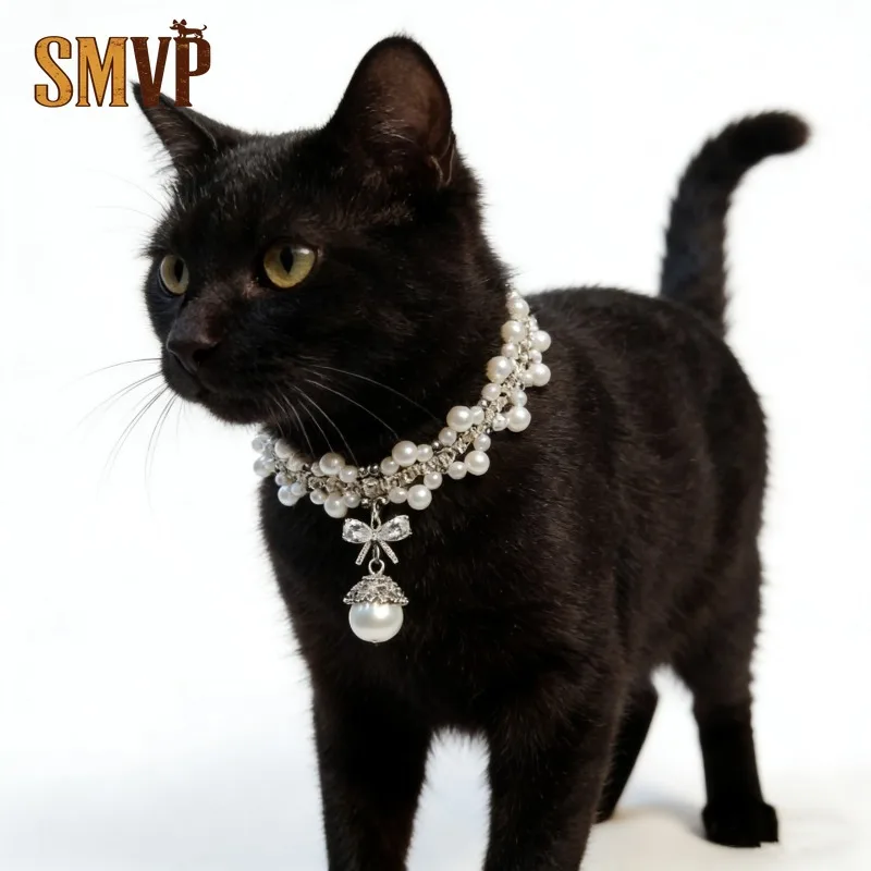 Vintage Faux Pearl Pet Collar Adjustable Bow Pendant Elegant Lightweight Decorative Pet Necklace for Small Cats Pet Jewelry