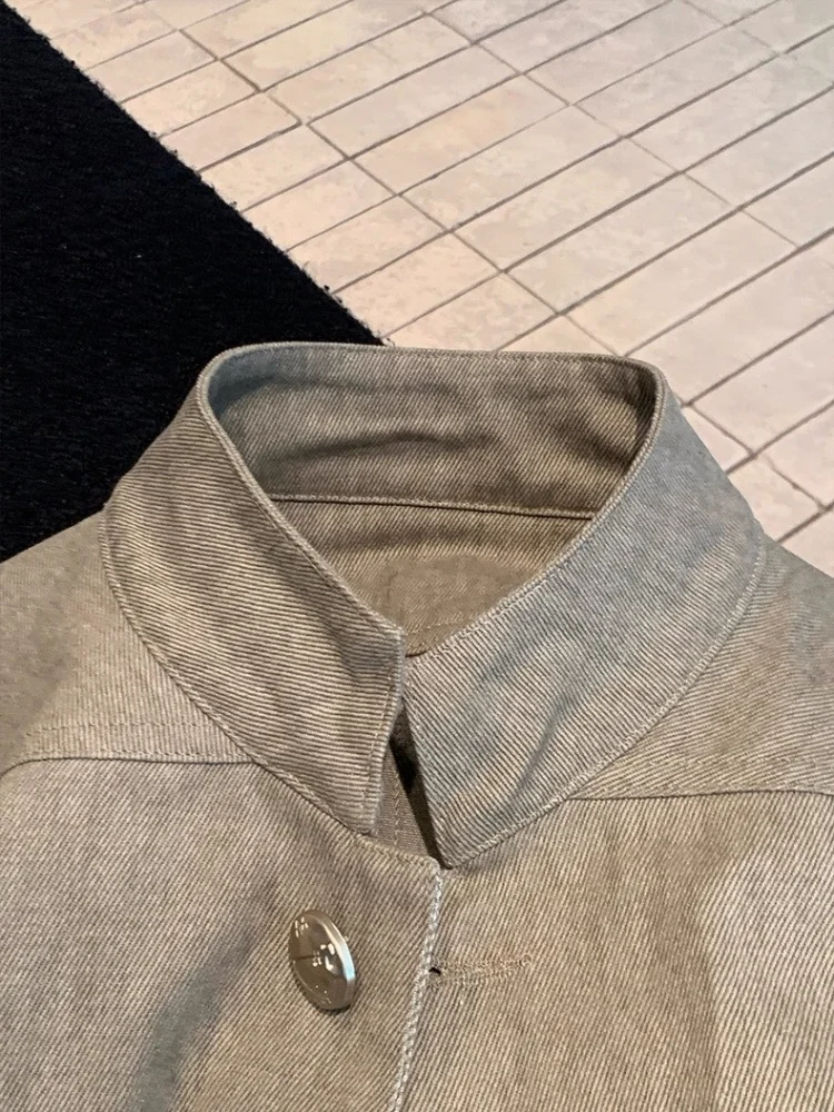 

Retro Casual Stand Collar Loose Workwear Jaet for Women Spring Autumn Vintage Sle Long Sve Warm Color Button up