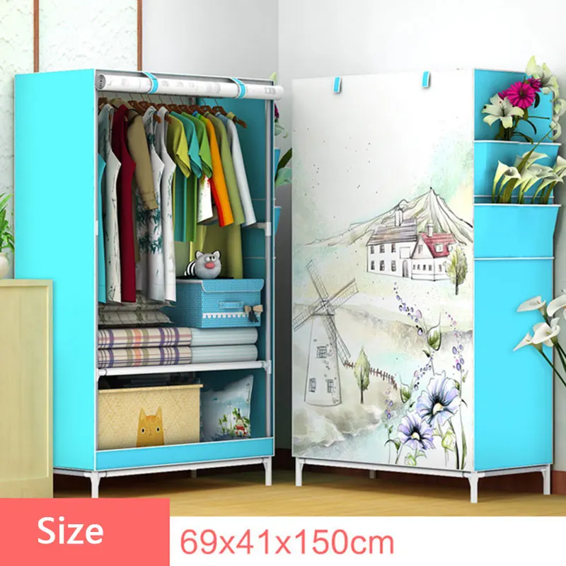 3D Cartoon Pattern Folding Cloth Wardrobe Home Bedroom Clothes Storage Cabinet DIY Assembly Fabric Wardrobe Closet Furniture