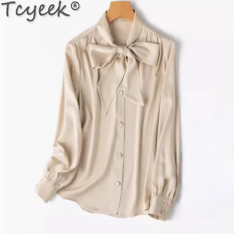 

Tcyeek 93% Mulberry Silk Shirt 2024 Spring Summer Clothes Women's Long Sleeve Top Female OL Style Fashion Shirts for Women Bow