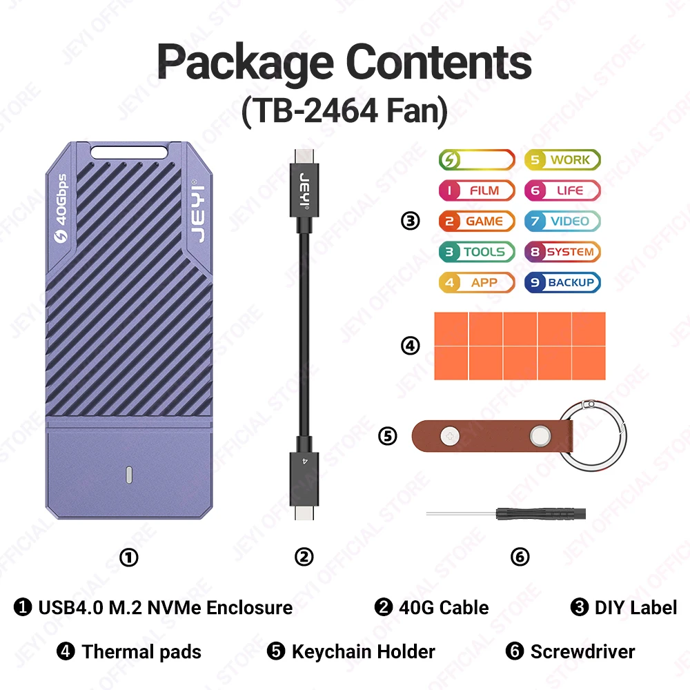 JEYI 40Gbps M.2 NVMe Enclosure with PWM Fan, Aluminum Type C USB 4.0 2280 SSD Case Compatible with Thunderbolt 4/3 USB 3.2/3.1/3