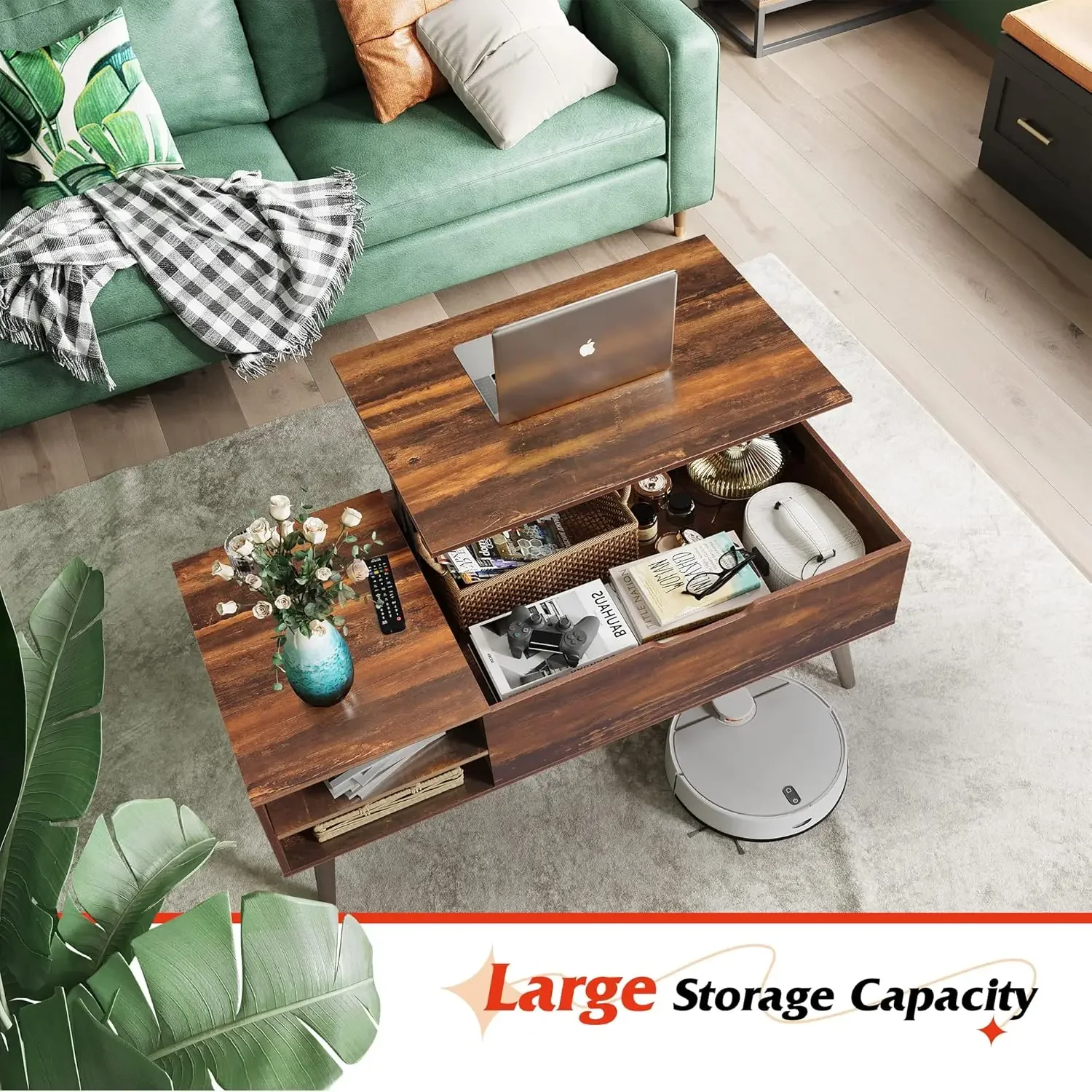 Wood Lift Top Coffee Table with Adjustable Storage Shelf and Hidden Compartment, Lift Tabletop Dining Table for Living Room