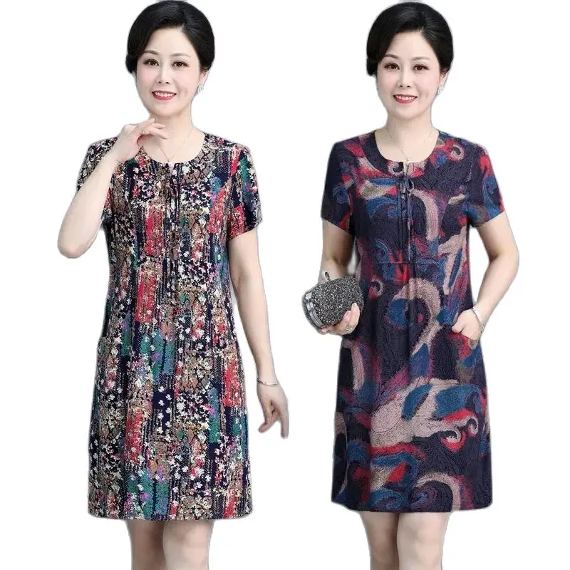 Middle-Aged Elderly Summer Dress Cotton Silk Dress Women Mid-Length New Loose Short-Sleeved Skirt 50-Year-Old Mother Dress M568