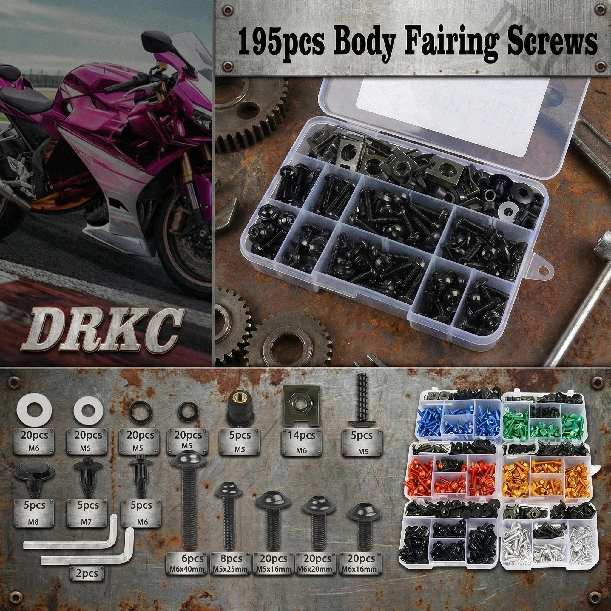 195Pcs Motorcycle Fairing Bolts Screws Kit Aluminum – For Honda CBR300R CBR500R CBR650R 300R 500R 650R with Nuts & Clips