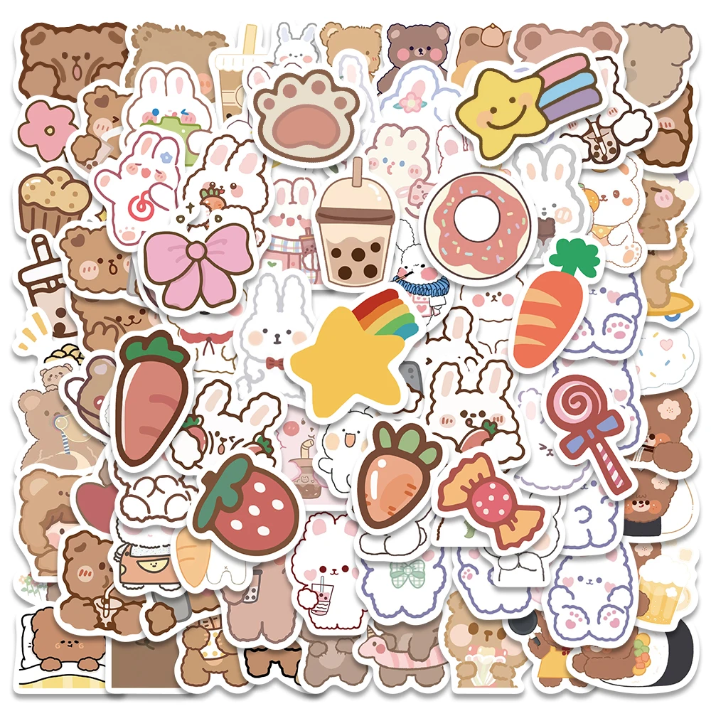 90PCS Cartoon White Bunny Rabbit Brown Bear Sticker Laptop Guitar Motorcycle Luggage Skateboard Kids Toy Stickers