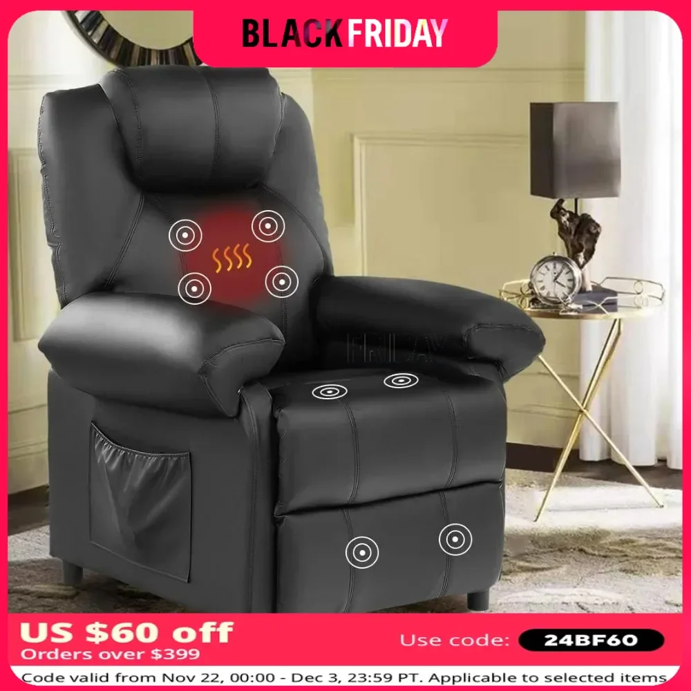 PU Leather Recliner Chairs with Heat Massage Chair Small Recliner Living Room Chairs for Adults with Side Pockets, Thick Seat