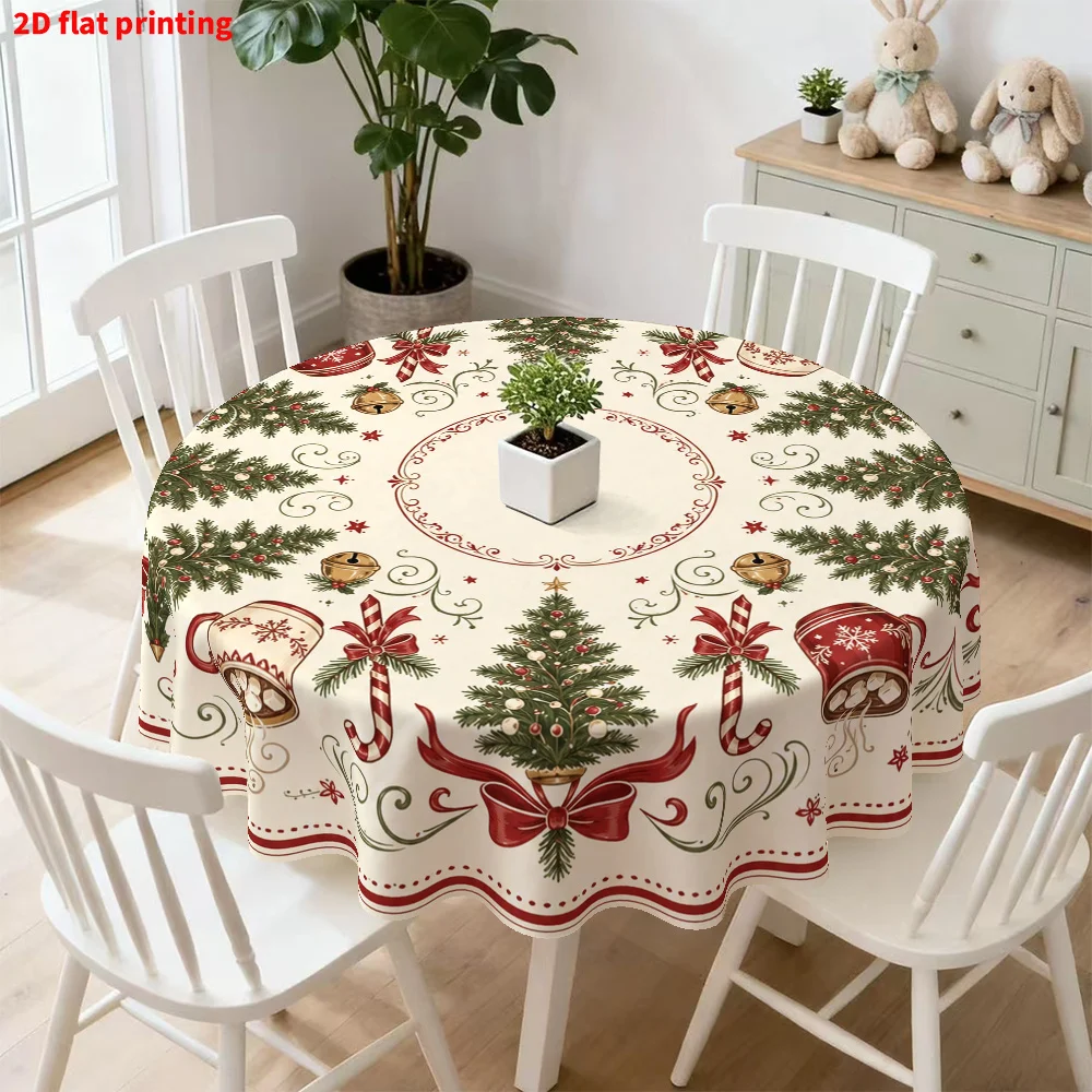 1-Piece Christmas round tablecloth, suitable for kitchen table covers, with holiday tree and mug print pattern,