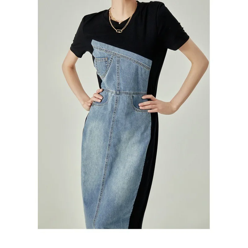 Denim Distressed Stitching Dress 2024 New Female Minority Design French Long Skirt Texture Fashion Casual Dress