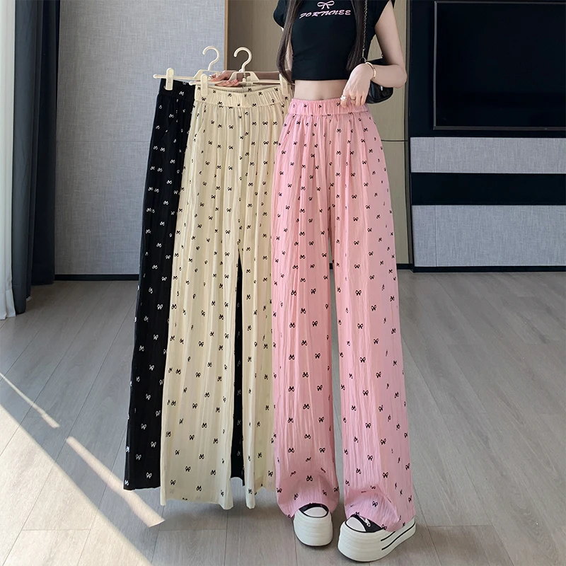 

Ice Silk Cotton Hemp Pants Children's 2024 Summer Bow Drop Sunscreen Lazy Straight Leg Casual Wide Leg Pants