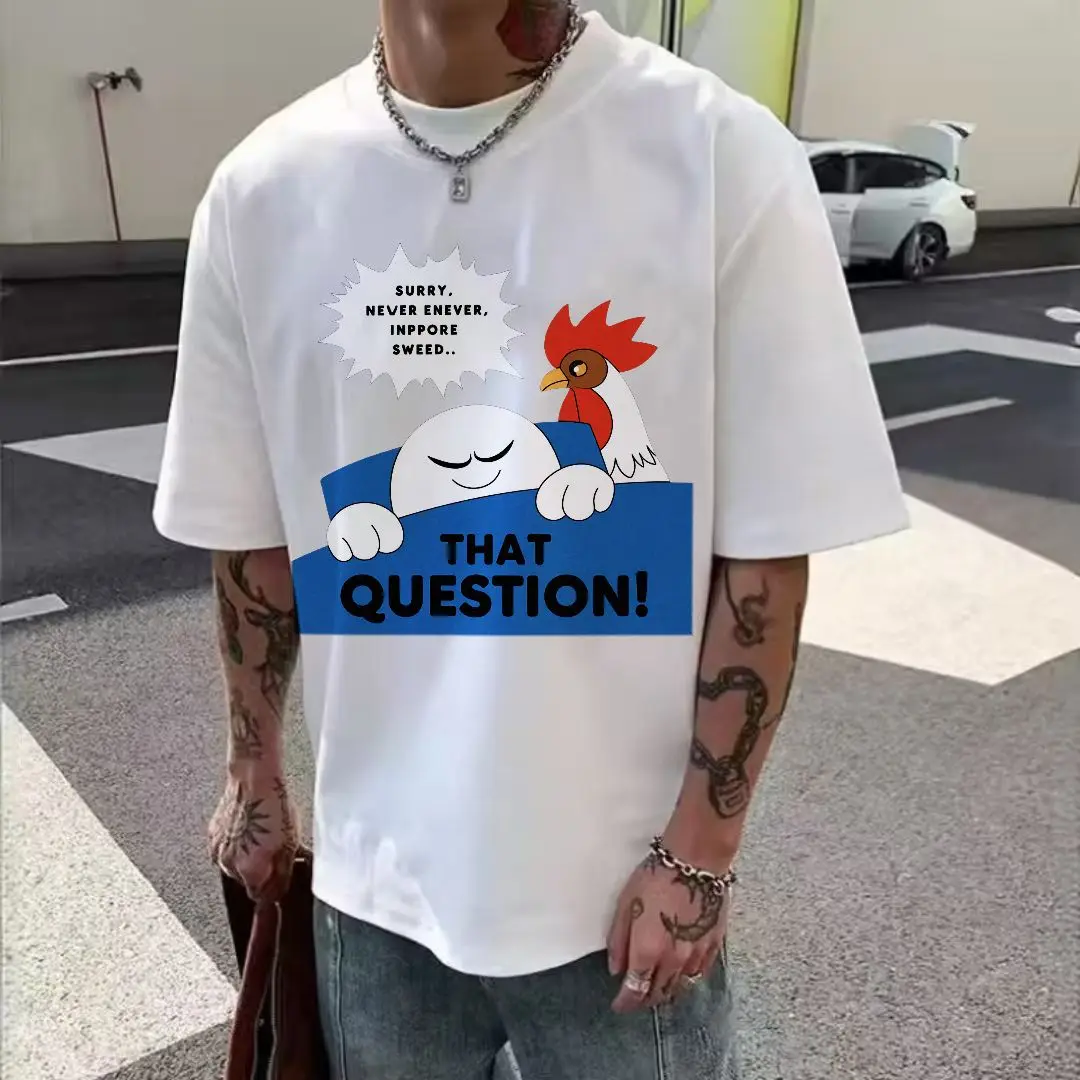 Cartoon Character & Rooster Graphic White T - Shirt, Casual Crew Neck Cotton T - shirt with Blue Rectangular Speech Bubble Desig