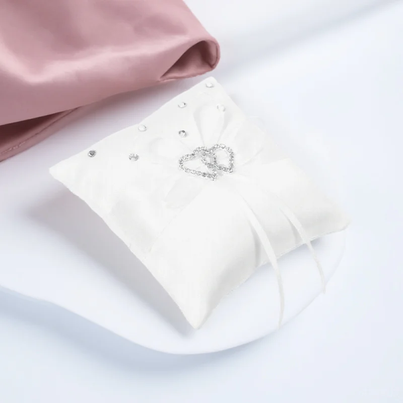 Wit 10*10Cm Dubbel Hart Trouwring Drager Kussen Satijnen Lint Decor Bruidsceremonie Kussen Voor Pagina