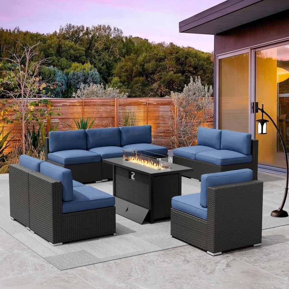 9-Piece Patio Furniture Sofa Set with 45” Propane Gas Fire Pit Table, Black Rattan Wicker Outdoor Sectional Conversation Sets