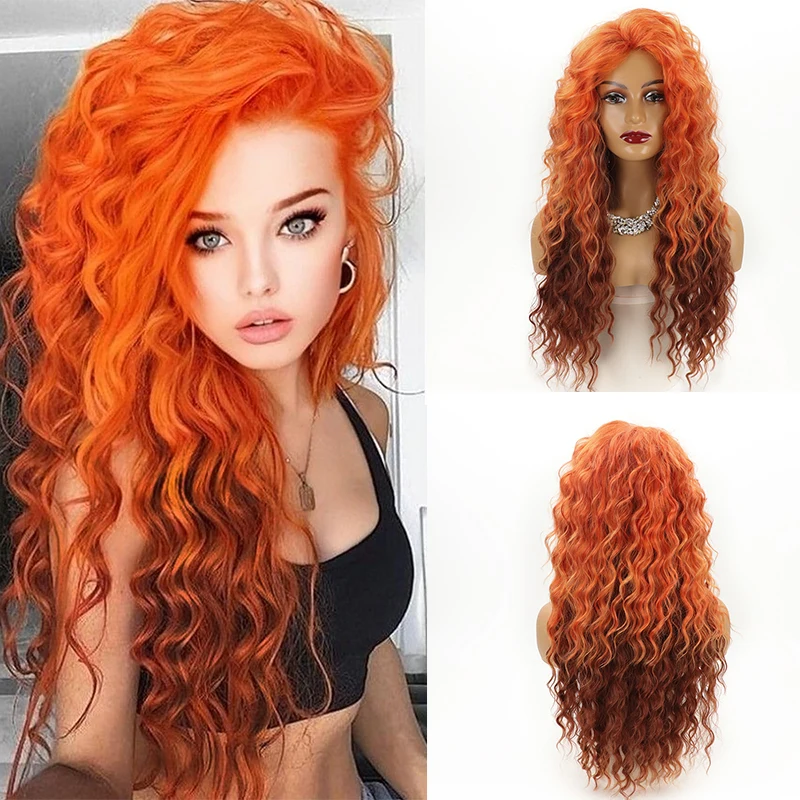 Perruque longue bouclée moelleuse pour femme, cheveux ondulés naturels, blond agaçant, orange ombré, vidéo, synthétique, adt, vague profonde, cosplay