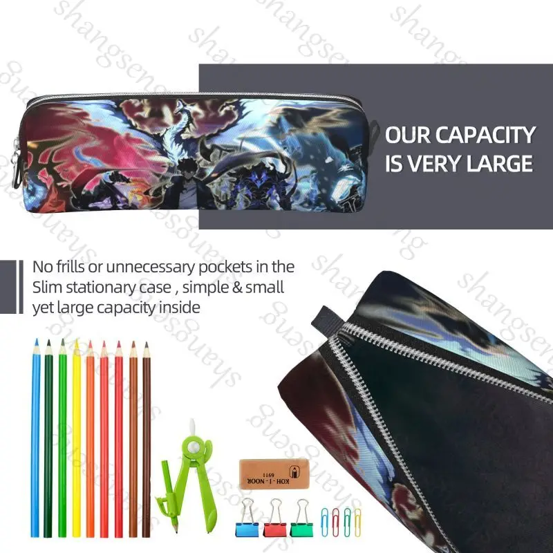 Leather zipper pencil case multifunctional stationery storage bag student study supplies Solo Leveling Anime