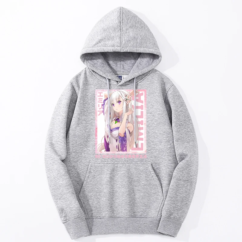 Hot Anime Emilia ReZero Hoodies Japanese Manga Graphic Print Clothes Unique Long Sleeve Round Collar Sudaderas Plus Size Hoody