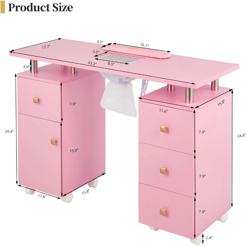 Bureau à ongles pour technicien, table de manucure, table à ongles avec collecteur de poussière électrique et coussin d'assistance-poignet, table à ongles en acétone