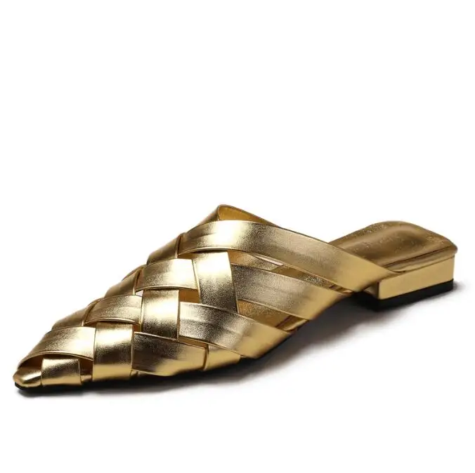 

Woman Sharp Pointed Low Heeled Slippers for Summer New Fashion Woven PU Leather Golden Half Slippers Women Sandals