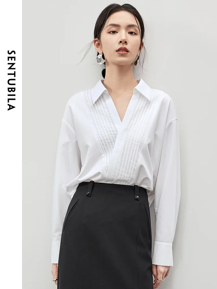 

Женская блузка SENTUBILA с длинным рукавом, весна 2026, новая модель, с V-образным вырезом, на пуговицах, для офиса и повседневной носки, 143C55925