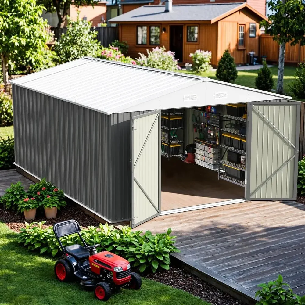 

10x14 T Storage Shed, Outdoor Metal Steel Garden Shed with Lockable Door and Sloping Roo, Large Outside Utility Tool Sheds or Ba