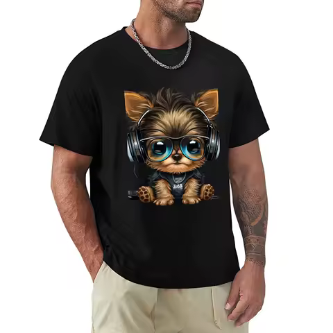 Yorkshire Terrier Puppy Wearing Headphones and Sunglasses T-Shirt sublime sports fans T-shirts oversize compression shirt men