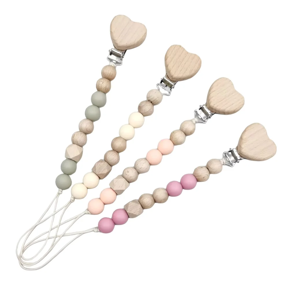 Beech Wooden Baby Pacifier Clip Teething Chew Toy Soother Chains Dummy Chain Holder for Infants