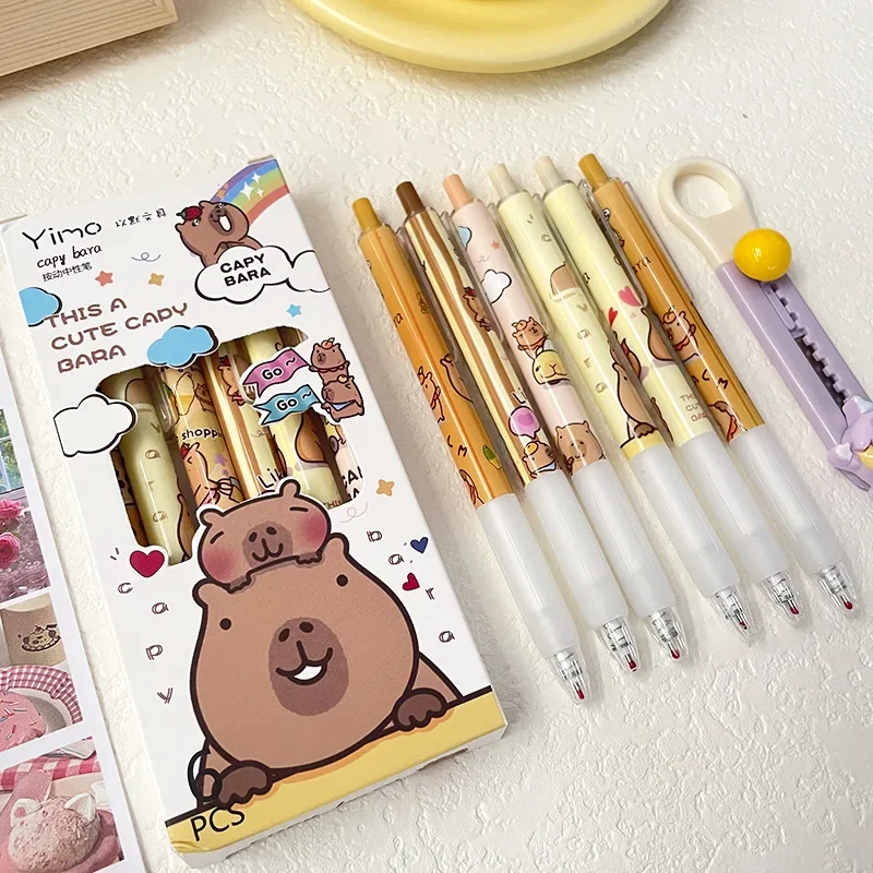 6pcs/set Capybara Boxed Retractable Pen Good-looking Large Capacity Carbon Pen ST Head The 0.5mm Black Quick-dry Cartoon Gel Pen