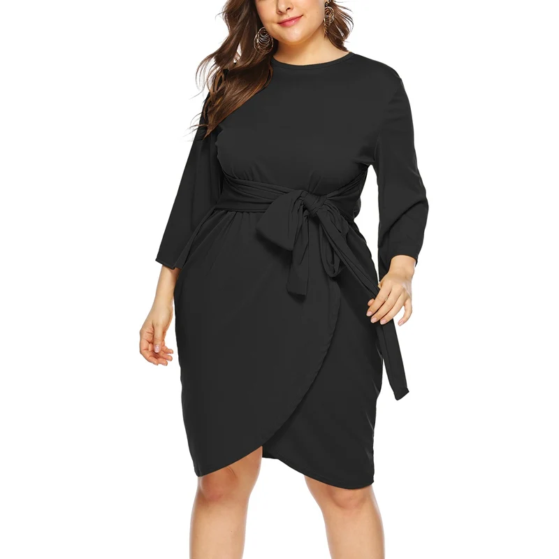 

Women's plus-size dress, solid color with irregular belt, micro-slip sleeves, round neck in spring and autumn,