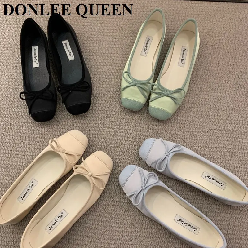 New Elegant Ballet Shoes Women Classic Square Toe Bow Tie Ballerinas Flats Ladies Loafers Comfortable Flat Shoes Female Moccasin