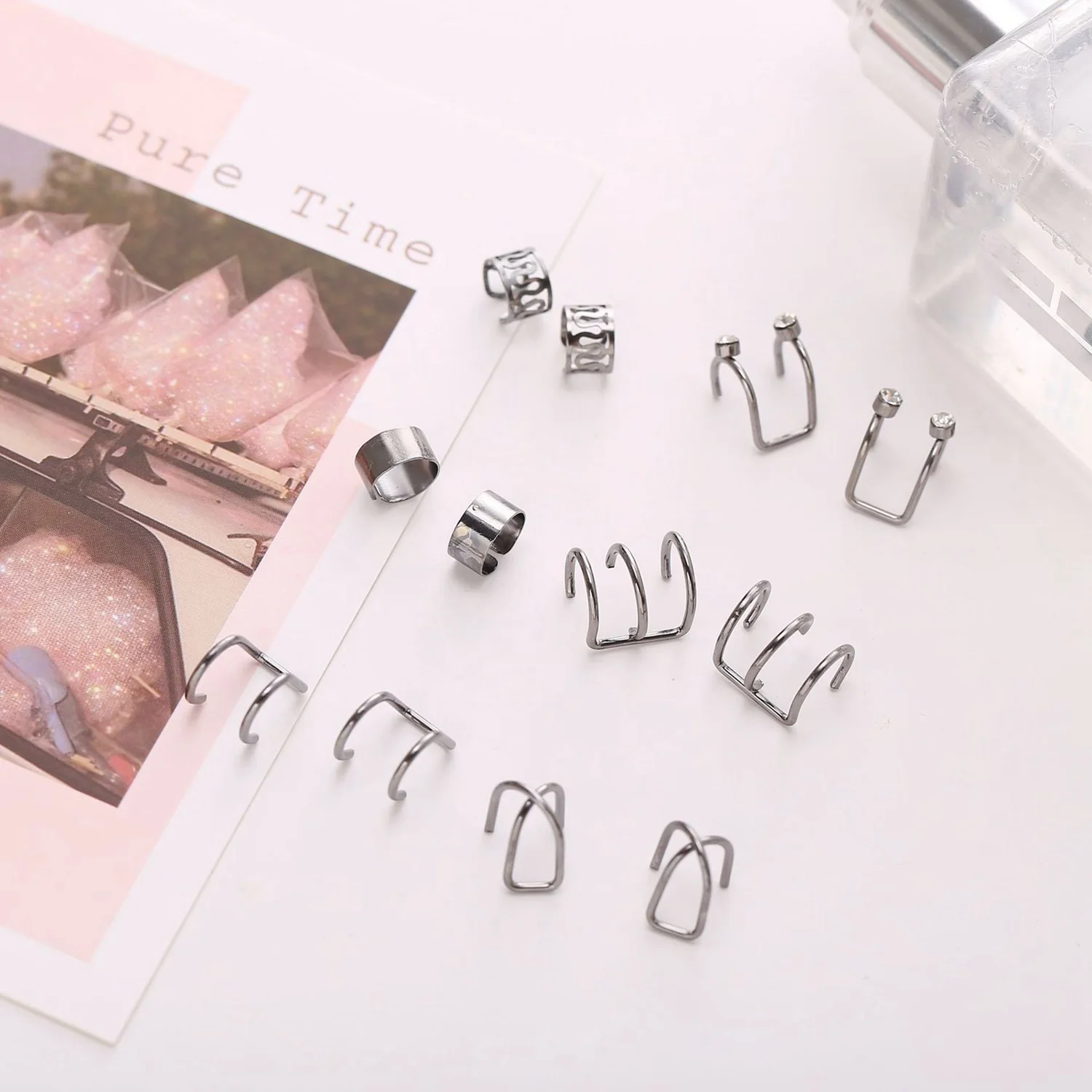 Trendy 12Pcs Ear Clip Set Creative Simple C-Shaped Letter Pierced Ear Clip for Women Geometric Jewelry Gift Silver Color