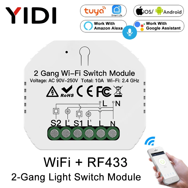 2 Gang DIY Smart WiFi Switch Module Relay, Tuya APP Suara Remote Control 1/2 Way Wall Switch Breaker Alexa Google Home