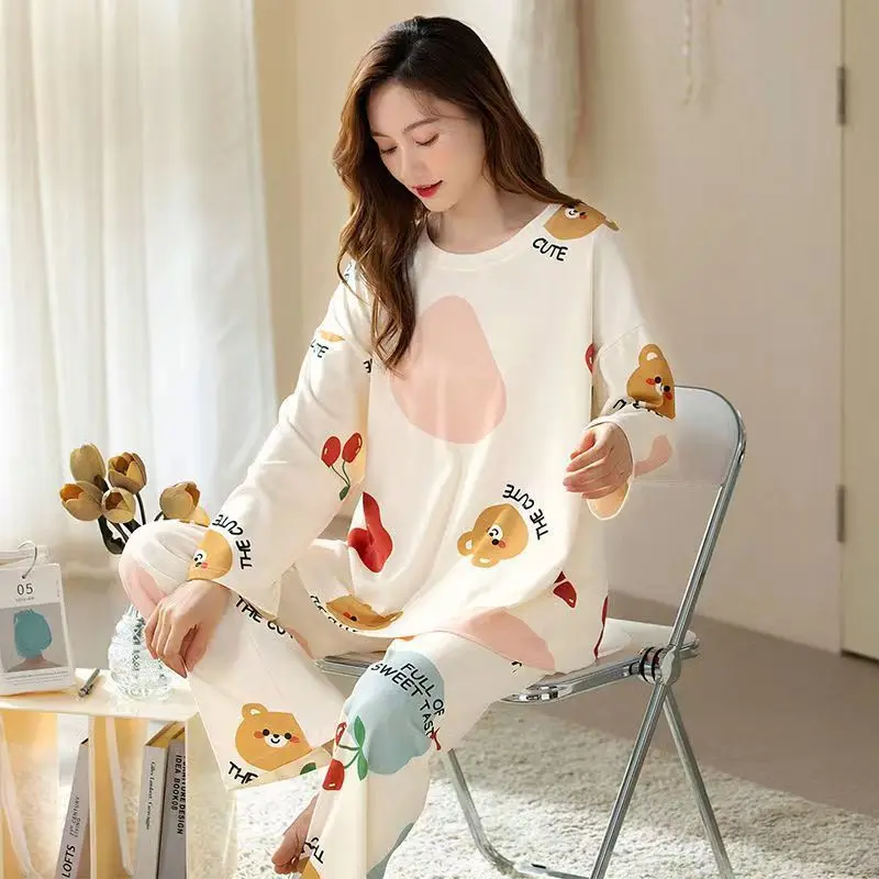 2 Piece Set Long-Sleeved Pyjamas Women Silk Sleepwear Autumn and Winter Korean Version Large Size Ladies Cartoon Bear Home Wear