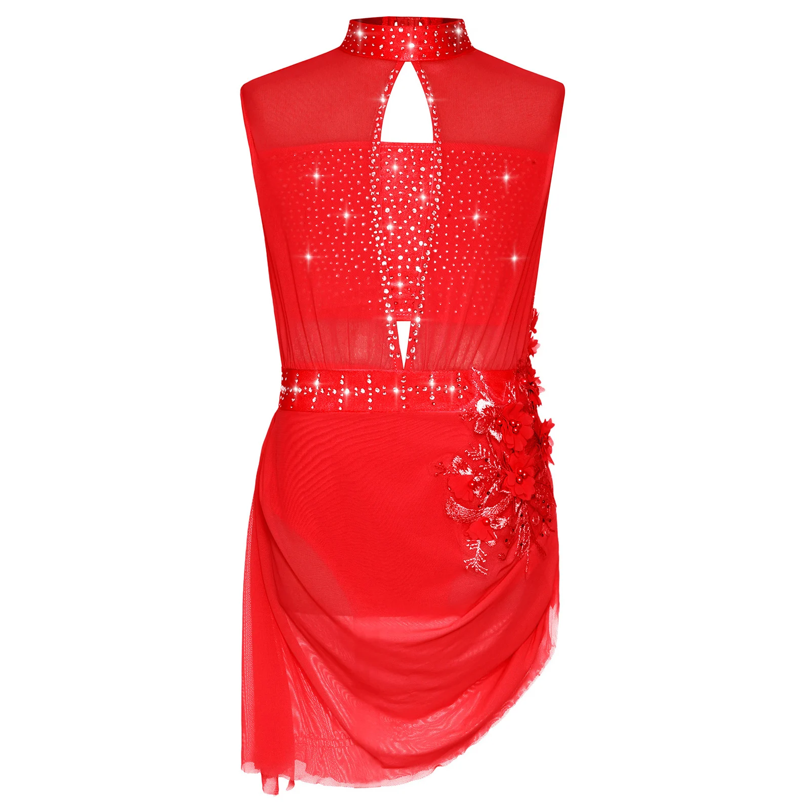 

Kids Girls Modern Ballet Dress Sleeveless Sheer Mesh Shiny Rhinestones Lyrical Gymnastics Dress for Ballroom Stage Dance Show