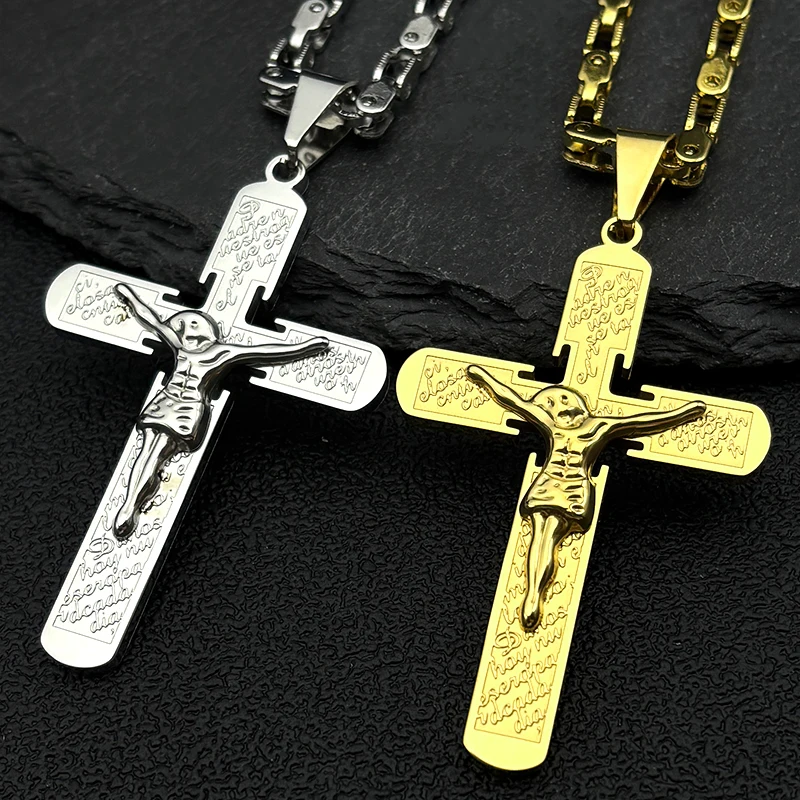 Punk Hip Hop Rock Jesus Kruzifix Kreuz Halskette für Frauen Männer Edelstahl Gold Silber Farbe Kette Gebet Schmuck Party Geschenk