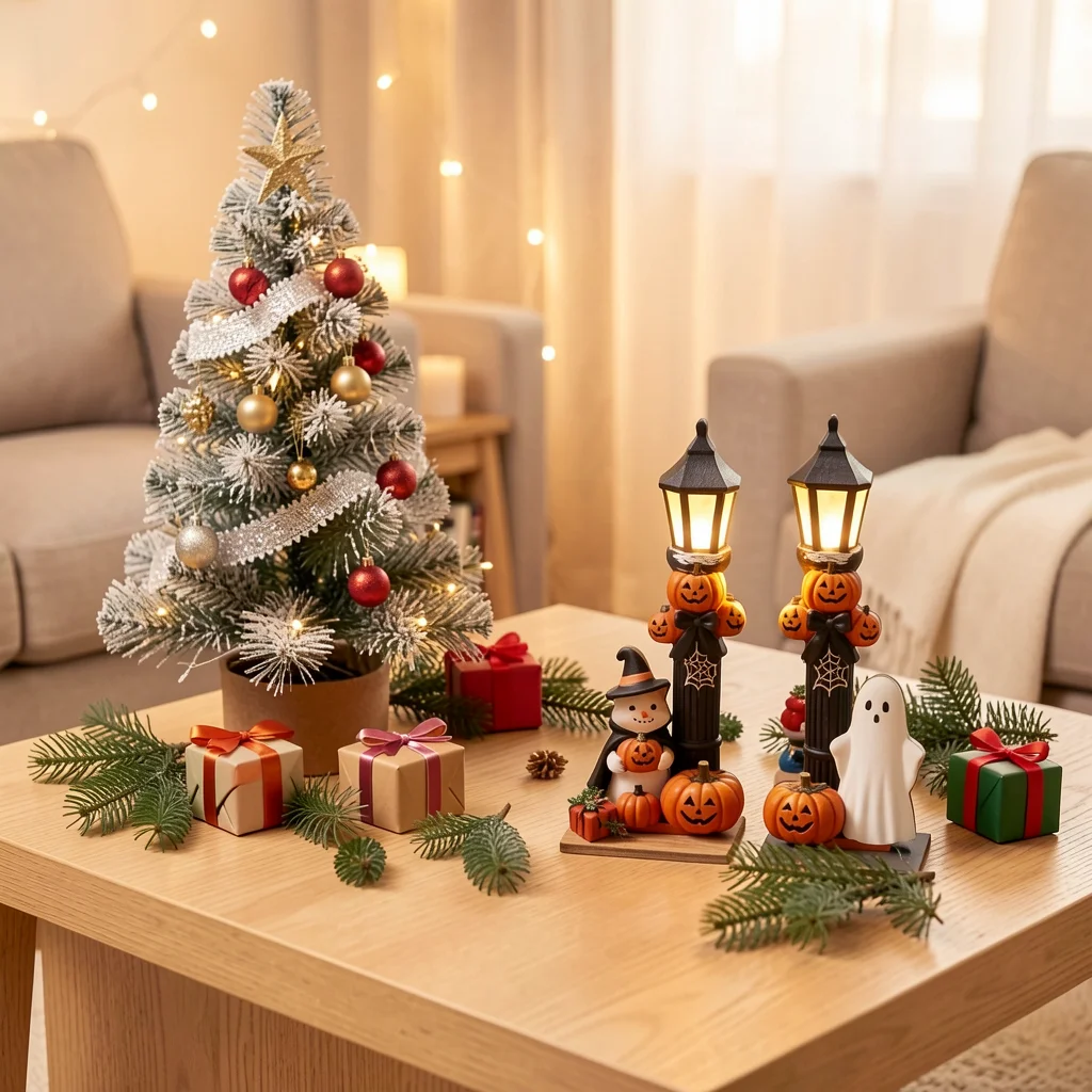 2 Piece 2d Flat Wooden Halloween & Christmas Tabletop Ornaments, Santa And Snowman Design Holiday Home Decoration