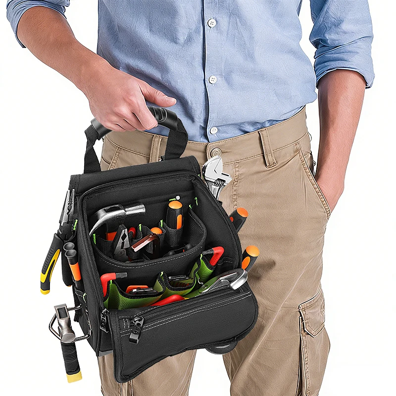 JAKAH Professional Electricians Tool Pouch, 21 Pocket ,Ergonomic Rubber Handle, Padded Shoulder Strap Black Green JK-208