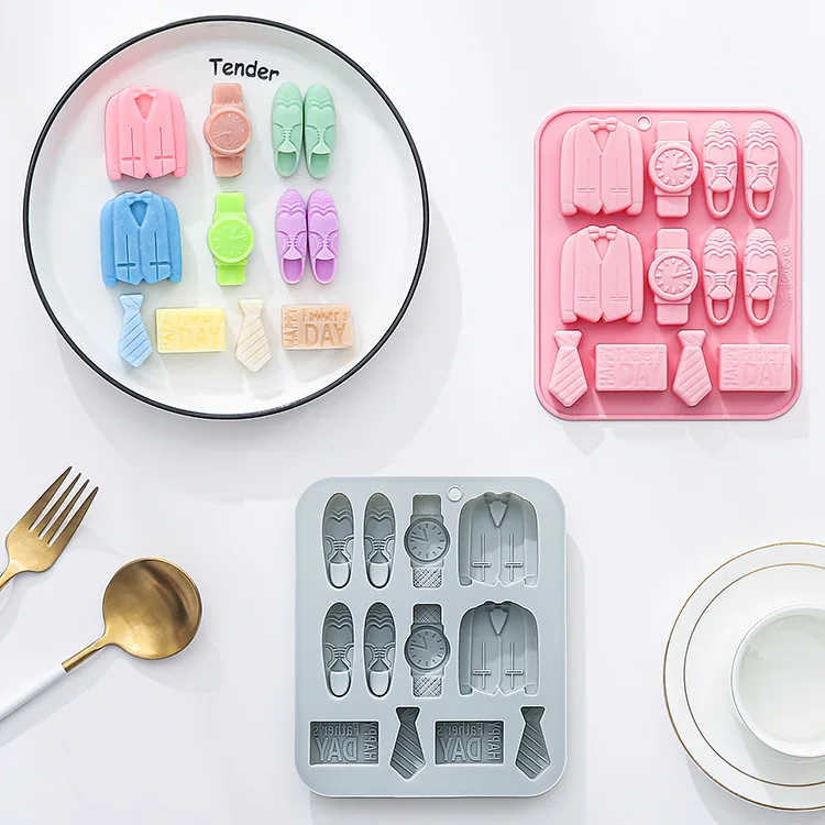 

12-hole Father's Day Theme Silicone Mold Gentleman Suit Leather Shoes Watch Tie Candy Chocolate Mould Cake Decor Resin Mold