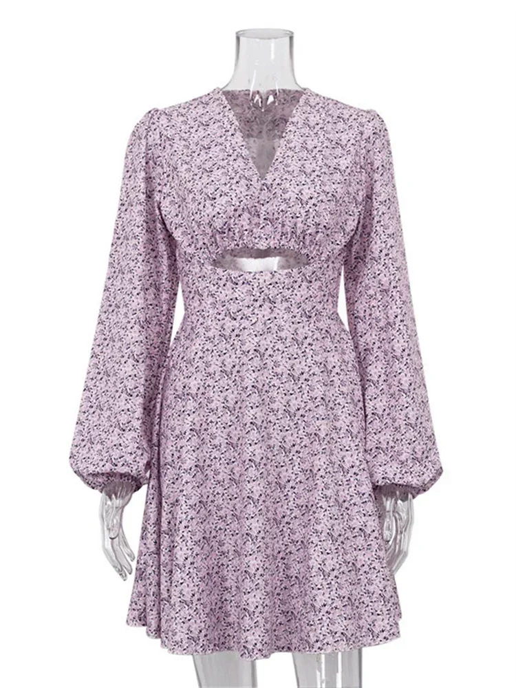 V-ausschnitt Gedruckt Mini Kleid Für Frauen Sommer 2023 Mode Aushöhlen Elegante Langarm Kleid Outfits Patchwork Slin Kleid