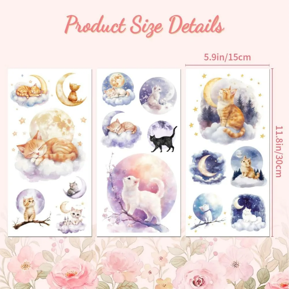 Наклейки-переводки для мебели, декора, луны и кошек, 6 x 12 дюймов, 3 шт., водонепроницаемый УФ-комод DTF, фарфор, дерево, пластик