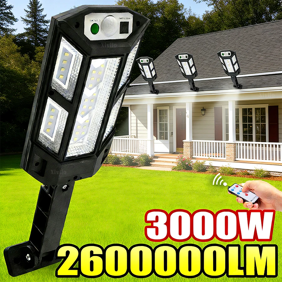 

3000W 2600000LM Солнечный свет Наружный датчик движения Настенный светильник Солнечные фонари Открытый водонепроницаемый солнечный светильник для сада Уличный коридор Наружные солнечные прожекторы