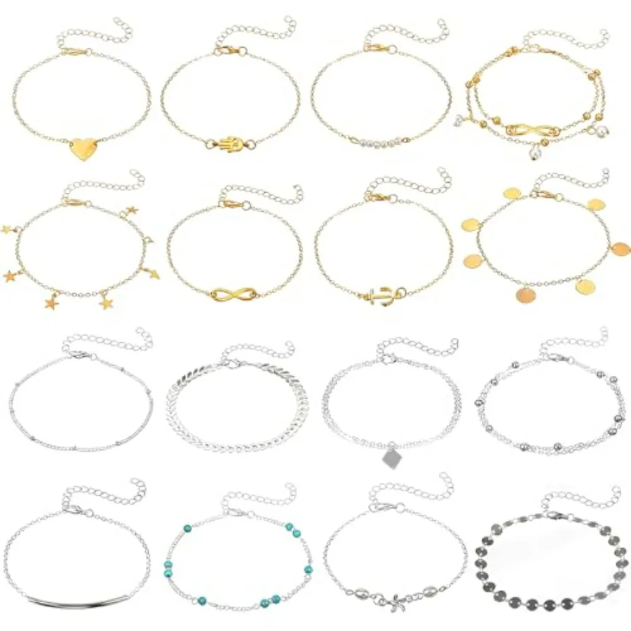 

Wanmu 16Pcs Ankle Bracelet for Women Waterproof Gold/Silver Beach Anklet Jewelry Set Stackable Boho Foot Chain Bracelet Adjusta