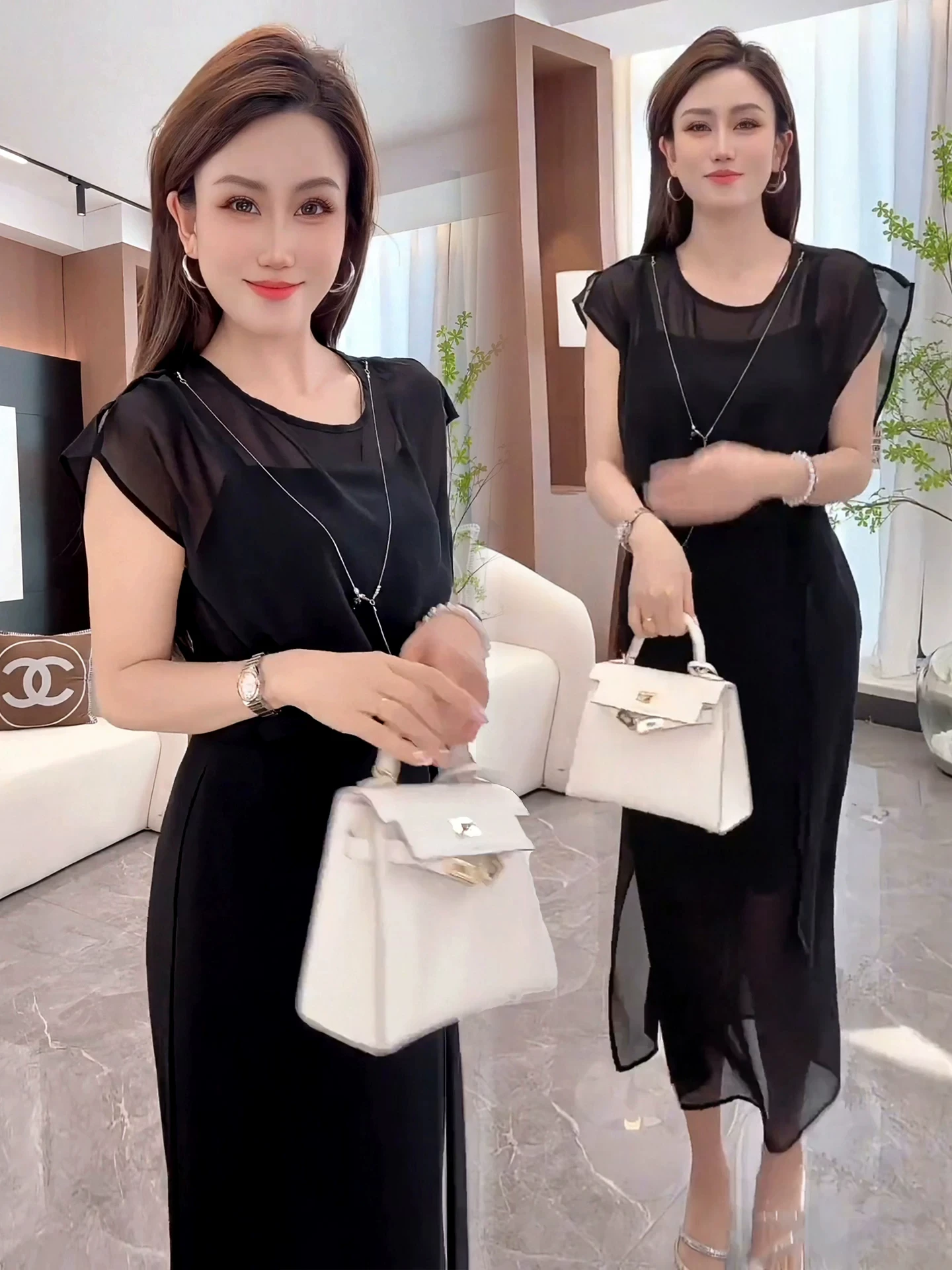 Fashionable Black Mesh Splice Midi Dress Women's Summer New Style Casual Loose Waist Short Sleeve round Neck Dress