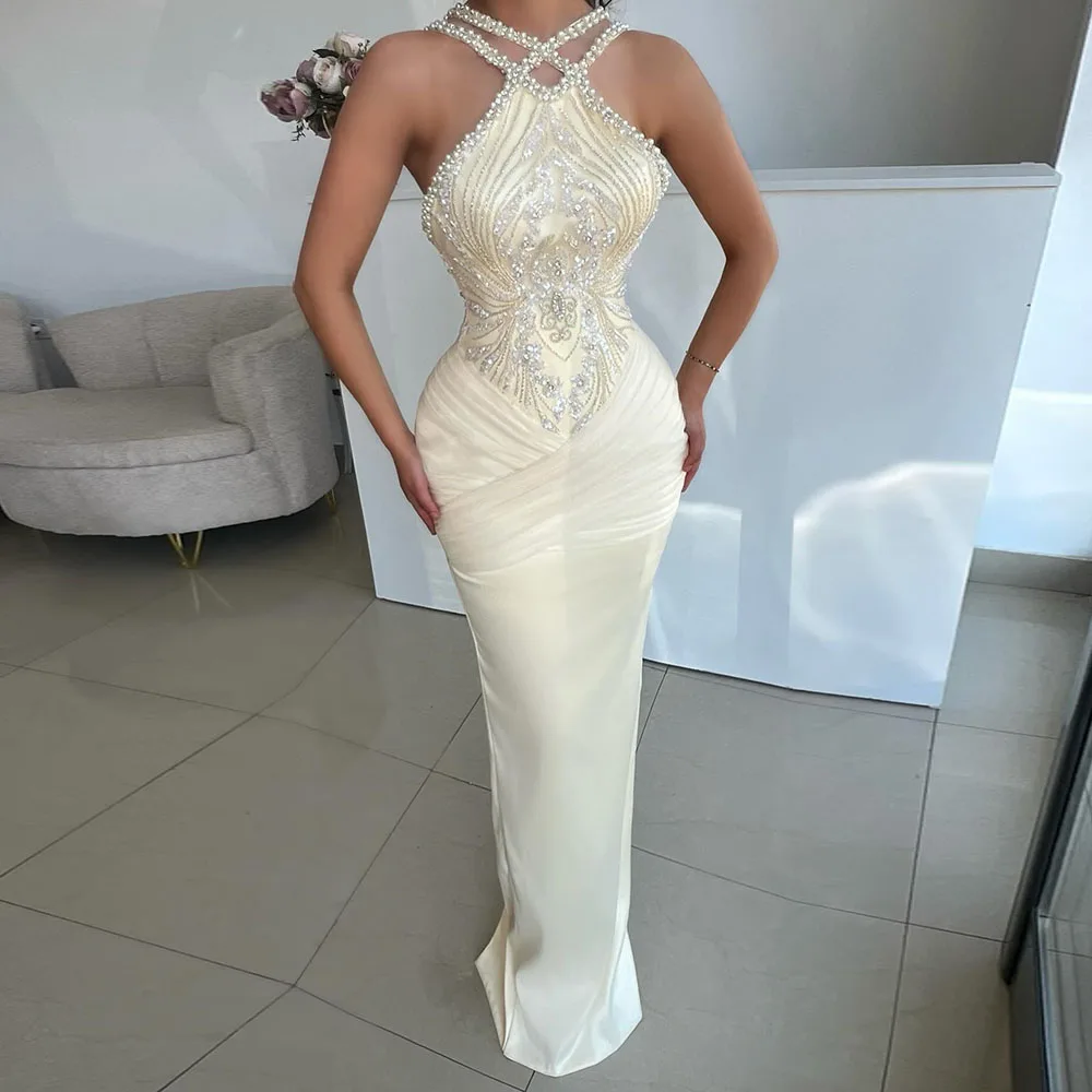 

Customized Straight Evening Dresses Floor-length V-neck Sleeveless Prom Gown Simple Fashion Beading Crystal Pleat Party Gown