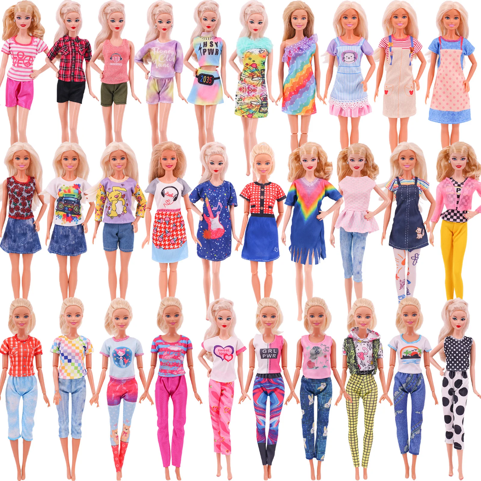 1 Set Fashion Multicolor Outfit Golf Punt Jurk Shirt Denim Raster Rok Dagelijkse Casual Wear Accessoires Kleding Voor Barbies Doll