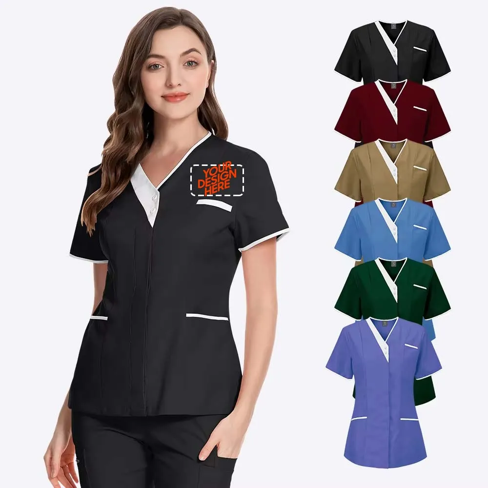 병원 수술 가운 도매 짧은 소매 의사 Nurst 가운 코튼 v 넥 기술자 작업복 클리닉 무료 Cistom 로고